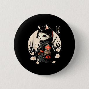 Japanisch Samurai Cat Tattoo, Kawaii Ninja Cat _1 Button