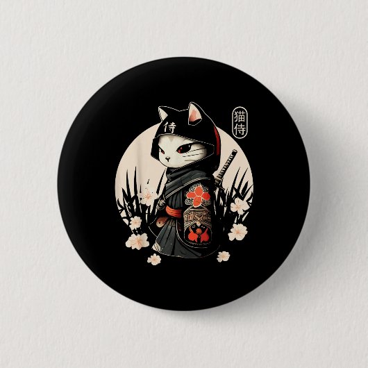 Japanisch Samurai Cat Tattoo, Kawaii Ninja Cat _1 Button (Vorderseite)