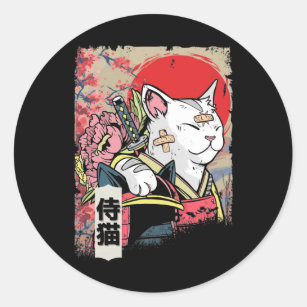 Japanisch Samurai Cat Warrior Japan Ninja Kitten Runder Aufkleber