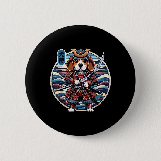 Japanisch Samurai Dog Tattoo, Beagle Kawaii Ninja Button (Vorderseite)