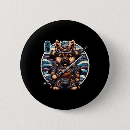 Japanisch Samurai Dog Tattoo, Deutscher Schäferhun Button (Vorderseite)