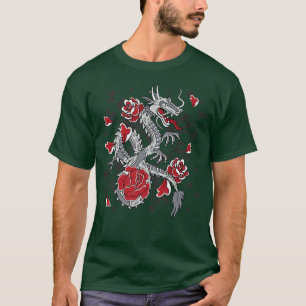Japanisch Samurai Dragon Retro Abbildung mit Rose T-Shirt