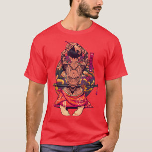 Japanisch Samurai Girl und Vintag Sakura Cherry Bl T-Shirt