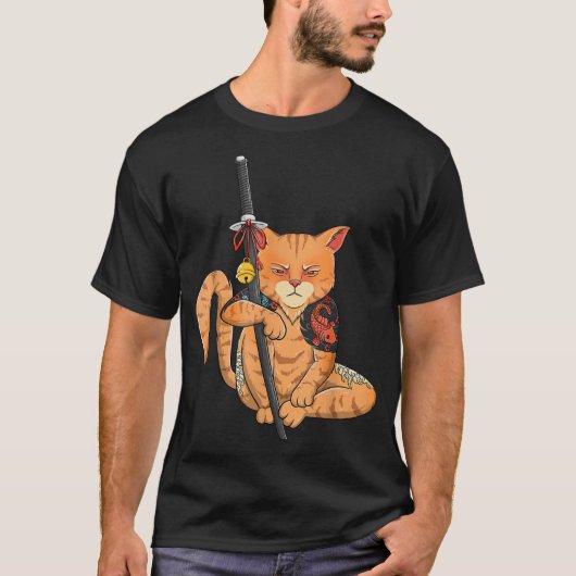 Japanisch Samurai Ninja Cat Kawaii Tattoo Graphic T-Shirt (Vorderseite)