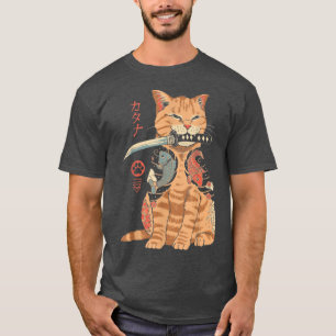 Japanisch Samurai Ninja Cat Kawaii Tattoo Graphic  T-Shirt