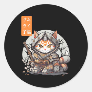 Japanisch Samurai Warrior Kawaii Cat Anime Lover Runder Aufkleber