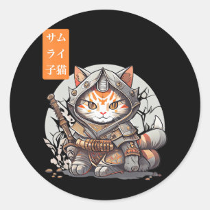 Japanisch Samurai Warrior Kawaii Cat Anime Lover Runder Aufkleber