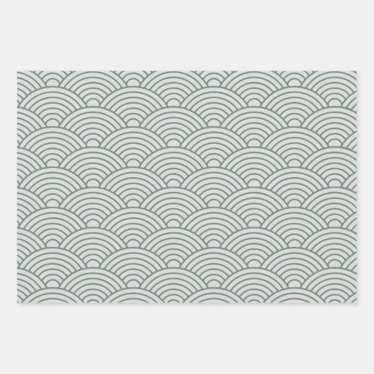 Japanisch Seigaiha Wave | Grün und Grau Geschenkpapier Set (Vorderseite)