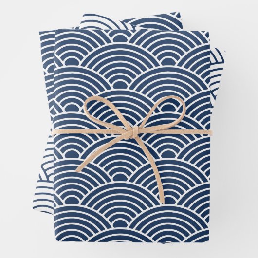 Japanisch Seigaiha Wave | Navy Blue Geschenkpapier Set (Beispiel)