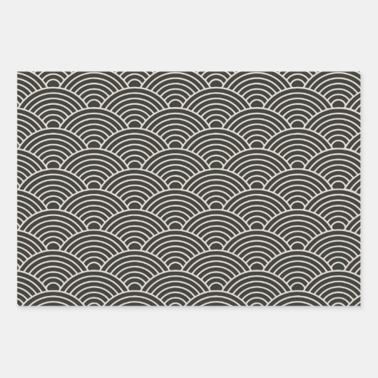 Japanisch Seigaiha Wave | Schwarz und Creme weiß Geschenkpapier Set (Vorderseite 3)