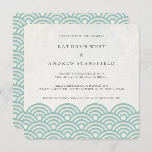 Japanisch Seigaiha Waves Elegant Beach Wedding Einladung (Vorne/Hinten)