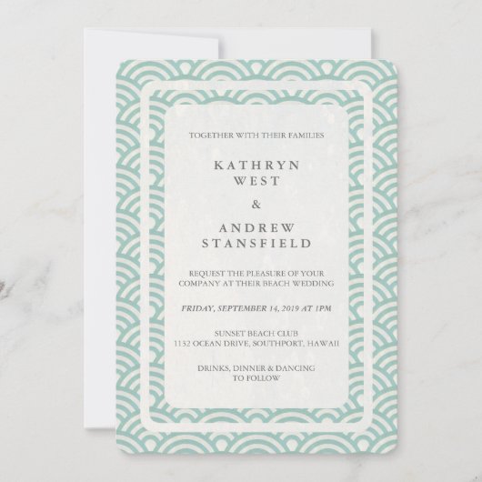 Japanisch Seigaiha Waves Elegant Beach Wedding Einladung (Vorderseite)