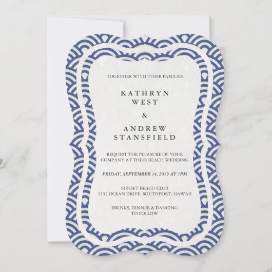 Japanisch Seigaiha Waves Elegant Beach Wedding Einladung (Vorderseite)