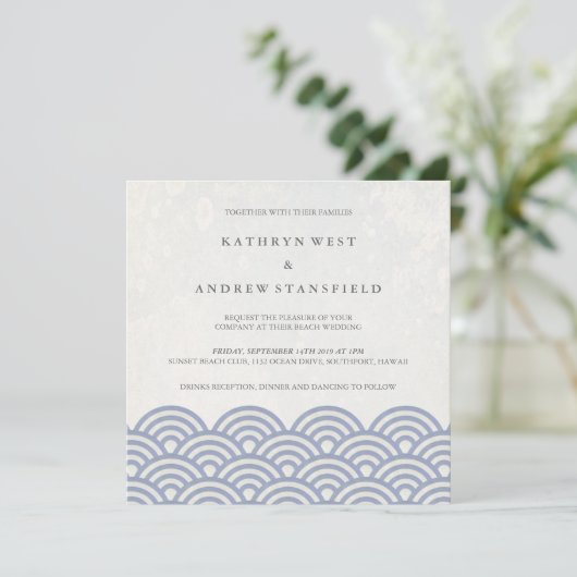 Japanisch Seigaiha Waves Elegant Beach Wedding Einladung (Stehend Vorderseite)