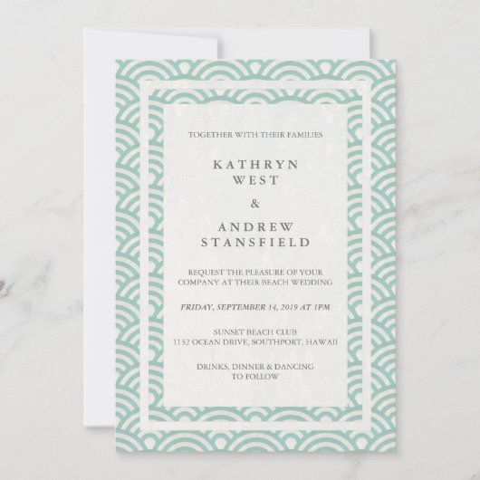 Japanisch Seigaiha Waves Elegant Beach Wedding Einladung (Vorderseite)