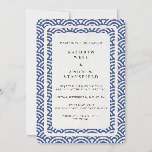 Japanisch Seigaiha Waves Elegant Beach Wedding Einladung (Vorderseite)