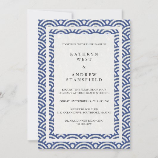 Japanisch Seigaiha Waves Elegant Beach Wedding Einladung (Vorderseite)