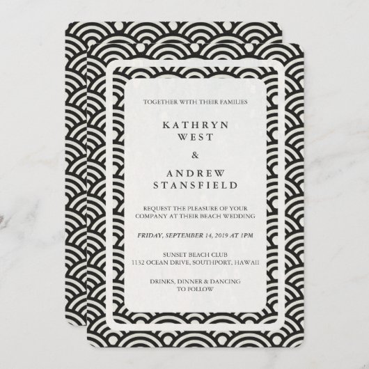 Japanisch Seigaiha Waves Elegant Beach Wedding Einladung (Vorne/Hinten)