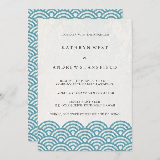 Japanisch Seigaiha Waves Elegant Beach Wedding Einladung (Vorne/Hinten)