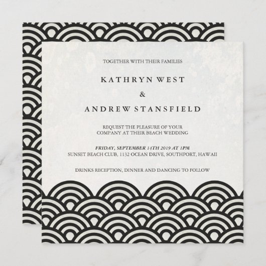 Japanisch Seigaiha Waves Elegant Beach Wedding Einladung (Vorne/Hinten)