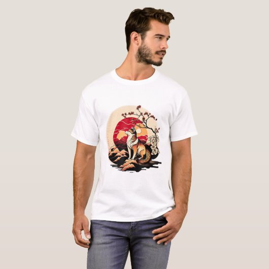 Japanisch Shiba Inu Dog Sunset Ukiyo e Style T-Shirt (Vorne ganz)