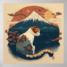 Japanisch Style Cat Art Poster - Rot und Blau