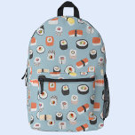 Japanisch Sushi Bedruckter Rucksack<br><div class="desc">Japanische Kunst-Muster mit Sushi,  Nigiri und Maki Brötchen auf einer Ente-Ei-blauen Hintergrund. Ideal für Feinschmecker,  Koch und Gourmets. Originelle Kunst von Nic Squirrell.</div>