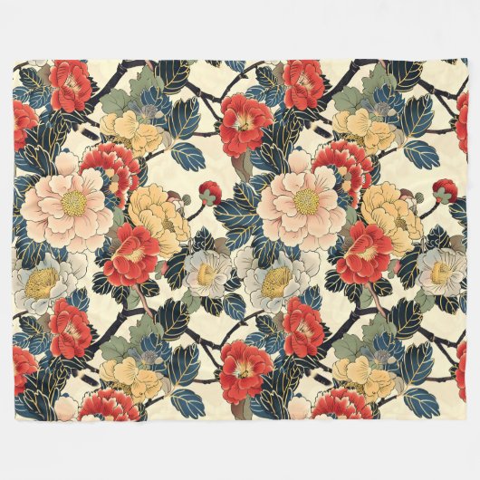 Japanisch Ukiyo-E Art Floral Pattern Fleecedecke (Vorderseite (Horizontal))