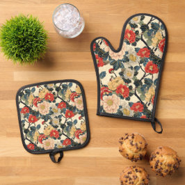 Japanisch Ukiyo-E Art Floral Pattern Ofenhandschuh & Topflappen-Set