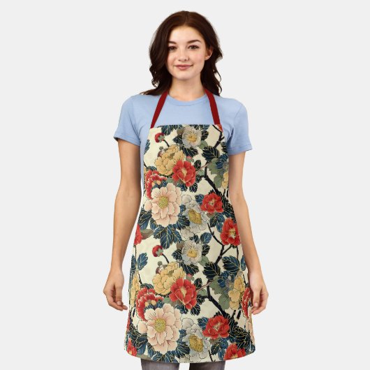 Japanisch Ukiyo-E Art Floral Pattern Schürze (Getragen)