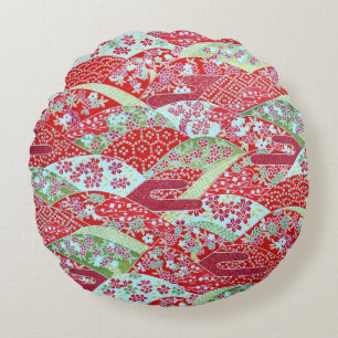 Japanisch Washi Art Red Floral Origami Yuzen Round Rundes Kissen