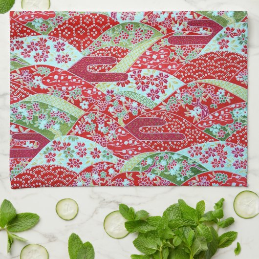 Japanisch Washing Red Floral Origami Yuzen Handtuc Geschirrtuch (Gefaltet)