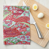 Japanisch Washing Red Floral Origami Yuzen Handtuc Geschirrtuch (Viertel Falte)