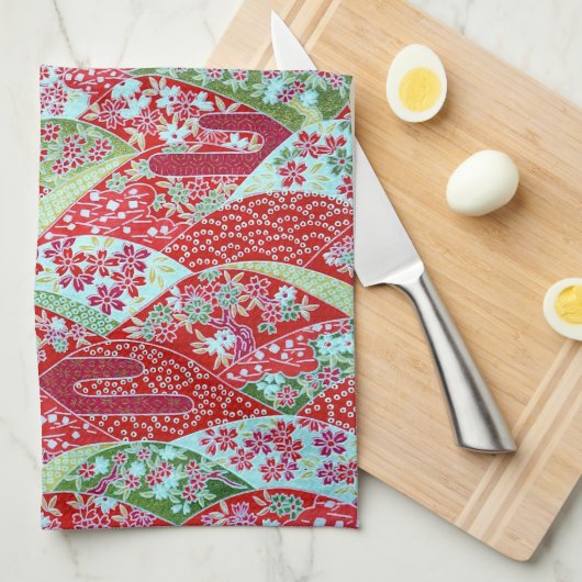 Japanisch Washing Red Floral Origami Yuzen Handtuc Geschirrtuch (Viertel Falte)
