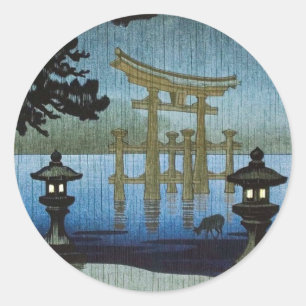 Japanische Abends-Regen Woodblock Kunst Ukiyo-e Runder Aufkleber