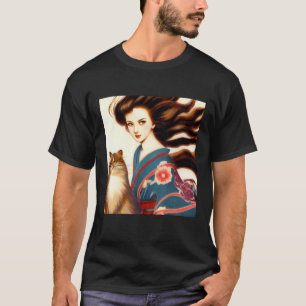 japanische altmodische Schönheit und Katze T-Shirt
