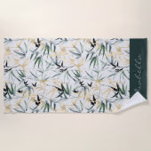 Japanische Aquarellfarben-goldgrünes Bambusmuster Strandtuch (Vorderseite)