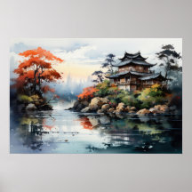 Japanische Aquarelllandschaft Herbstsee