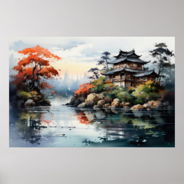 Japanische Aquarelllandschaft Herbstsee Poster