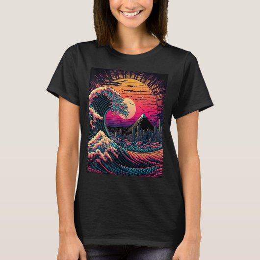 Japanische Art Ukiyo-e Stil Retrowave große Welle T-Shirt (Vorderseite)