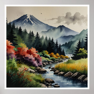 Japanische Berge Wasserfarben-Wandkunst Poster
