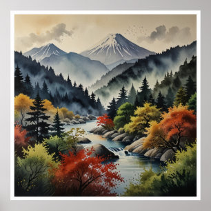 Japanische Berge Wasserfarben-Wandkunst Poster