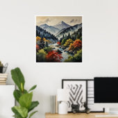 Japanische Berge Wasserfarbenwelt Kunst Poster (Heimbüro)