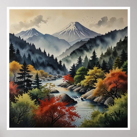 Japanische Berge Wasserfarbenwelt Kunst Poster (Vorne)