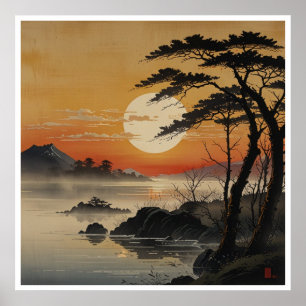 Japanische Berge Wasserfarbenwelt Kunst Poster