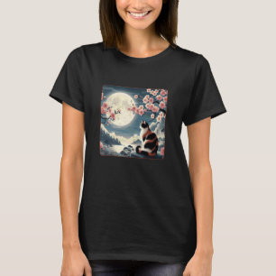 Japanische Bergkatze unter Mond Sakura Kirschblüte T-Shirt
