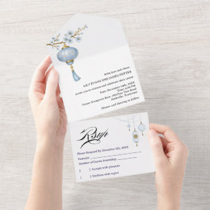 Japanische Blaue Laternen Hochzeit All In One Einladung