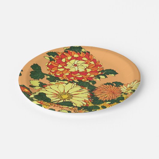 Japanische Blume Border, Mandarin Orange und Gold Pappteller (Schrägansicht)