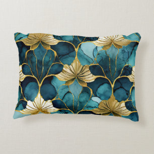 Japanische Blumen Teal Gold  Dekokissen