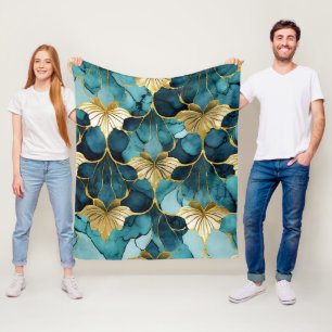 Japanische Blumen Teal Gold Fleecedecke